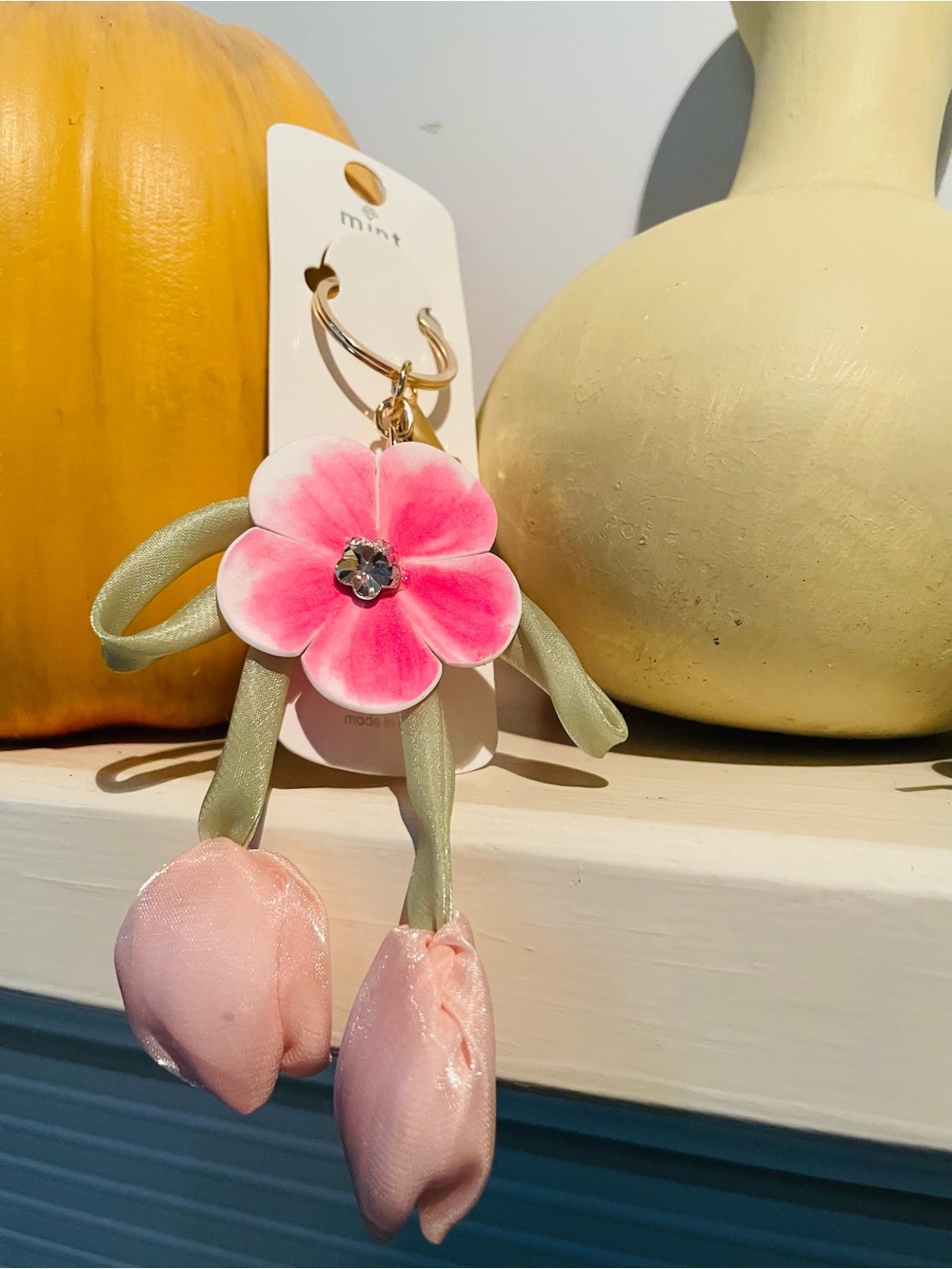 Mint Pink Flower Key & Card Holder Charm with Pale Green Accents